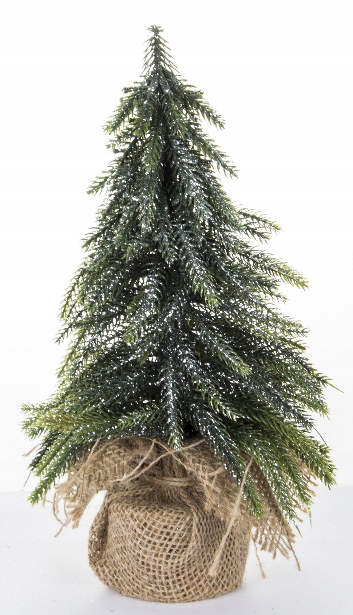 sztuczna choinka mała w jucie 36 cm srebrzysta