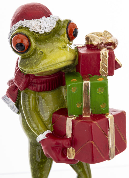 Figurka żabka 14x8x8,5 cm Żaba Św. Mikołaj z prezentami śmeszna mikołajki