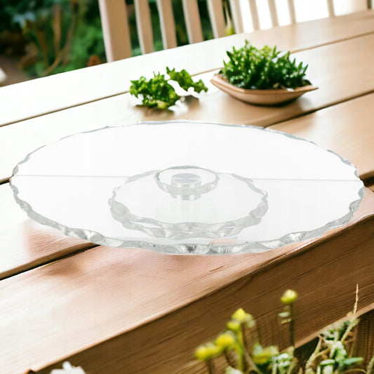 Patera obrotowa szklana na tort glamour taca 33 cm srebrne zdobienia