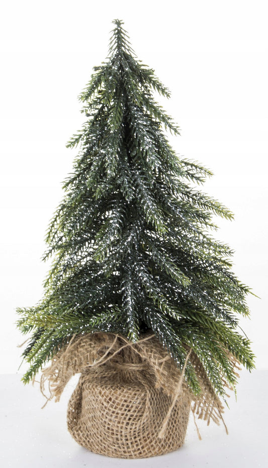 sztuczna choinka mała w jucie 36 cm srebrzysta