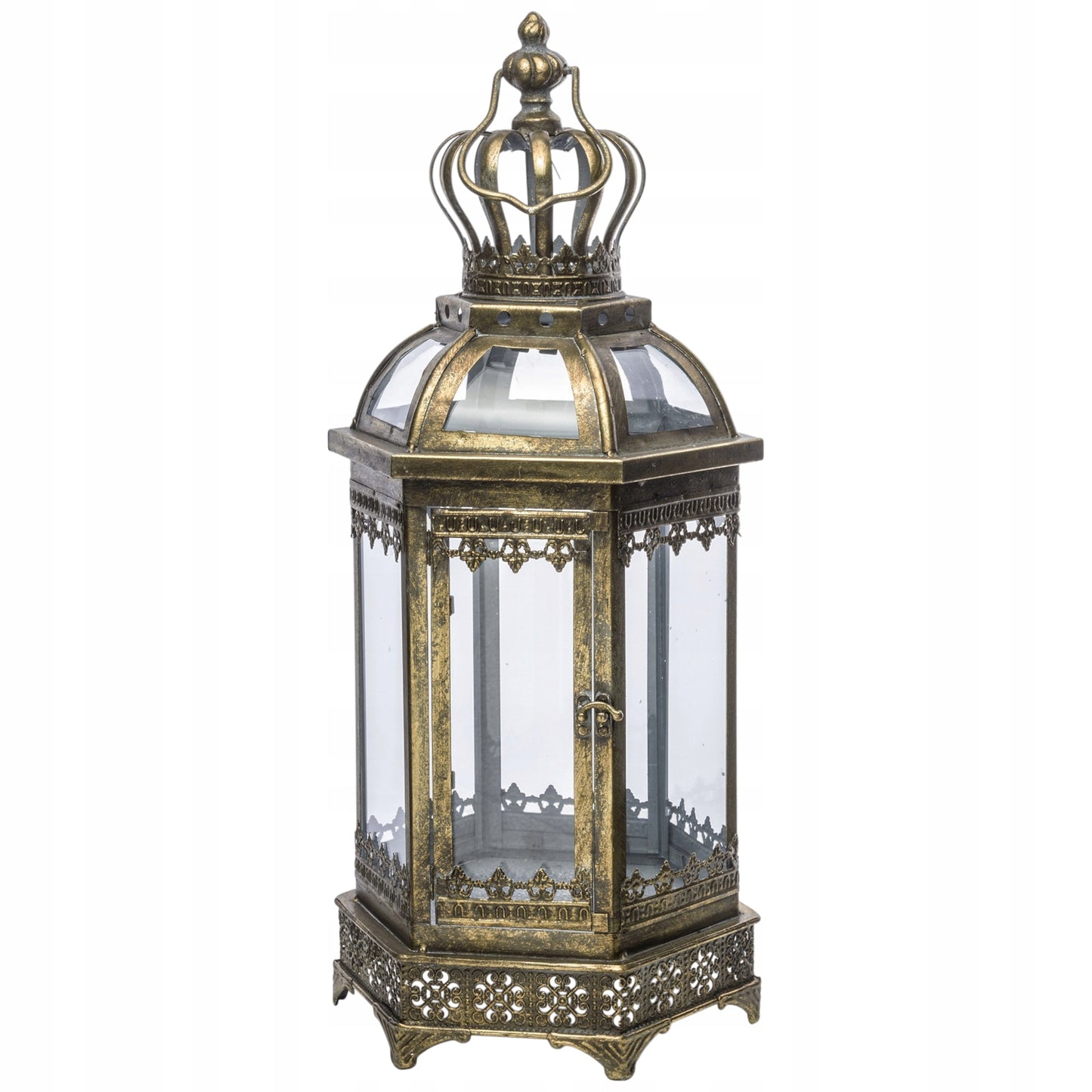Lampion złoty metalowy postarzana latarnia w indyjskim stylu wysoka 64 cm