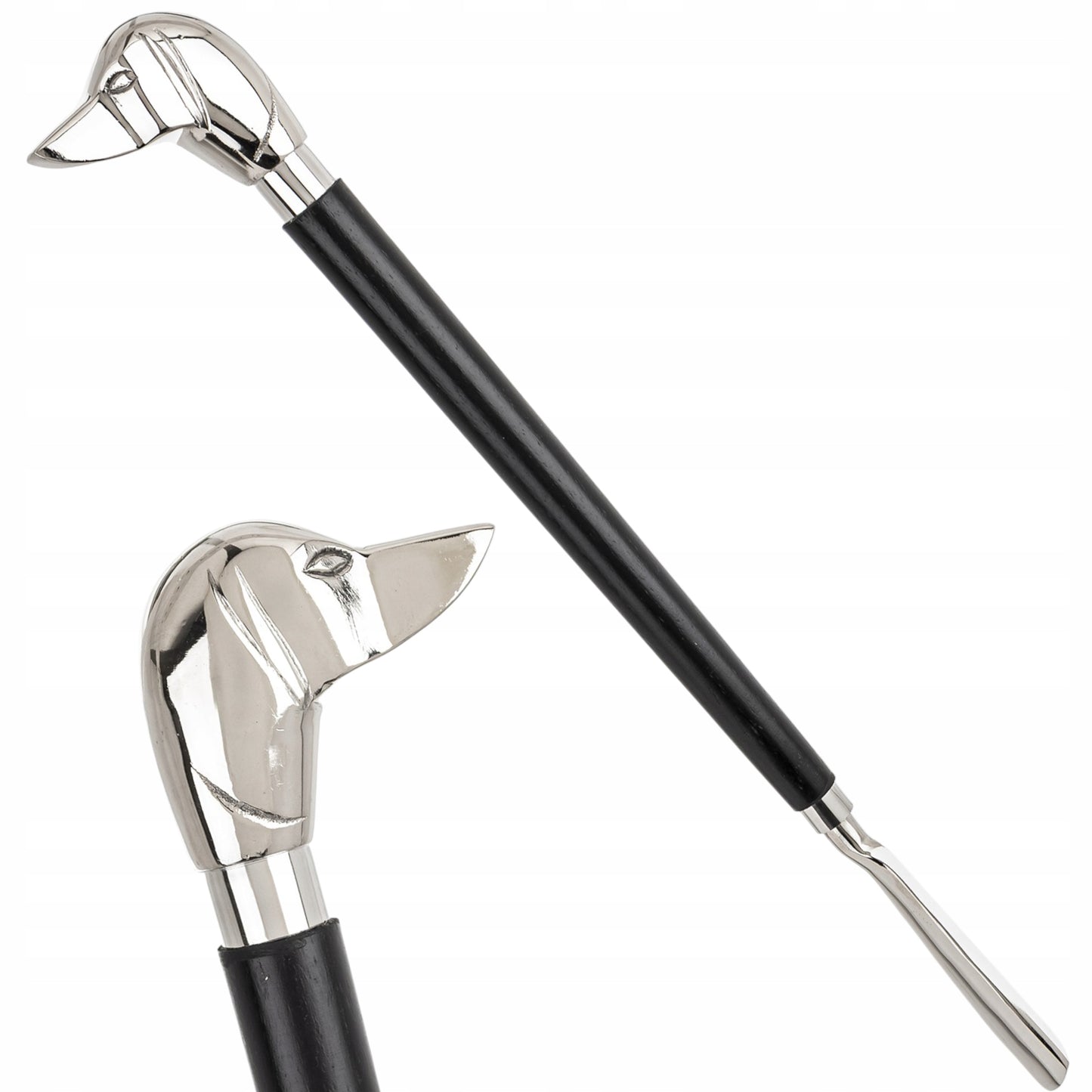 Długa łyżka do butów obuwia metalowa srebrna czarna pies elegancka 47 cm