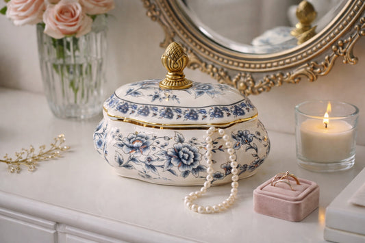 Pojemnik ceramiczny Szkatułka na biżuterię postarzany puzderko retro złoty