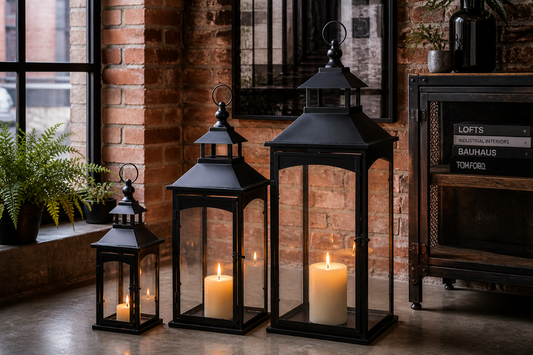 Latarnia komplet 3 lampionów szkło metal czarny wysoki 86, 67, 45 cm