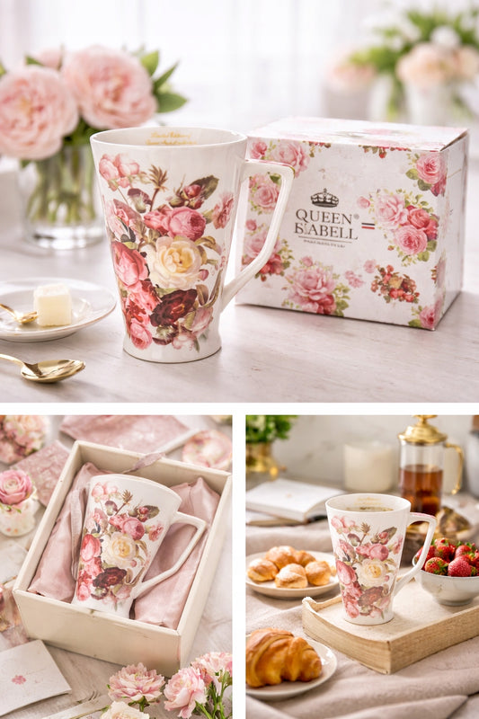 Kubek Porcelanowy w Kwiaty Styl Vintage Elegancki do Kawy Herbaty prezent