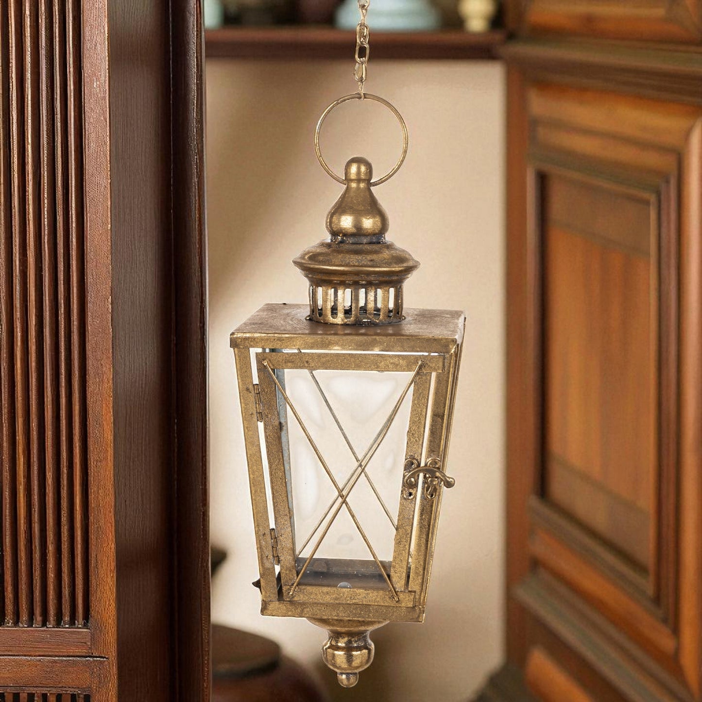 Metalowy lampion złoty wiszący szklany latarnia złota retro dekoracja hak