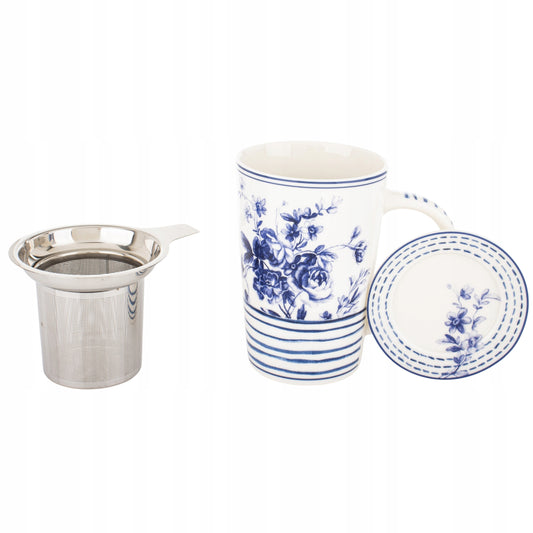 Kubek z Zaparzaczem Porcelana Niebieska Blue Pokrywka Sitko 300 ml