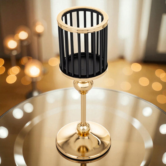 Świecznik metalowy złoty dekoracyjny glamour czarny lampion na nóżce