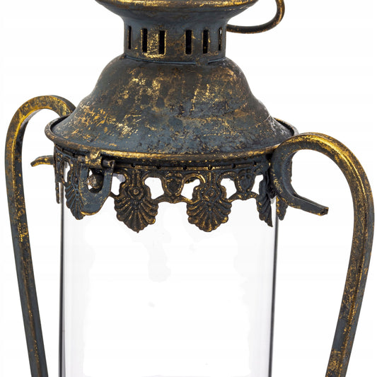 Lampion metalowy postarzane złoto dekoracja ogrodowa latarnia 43x21x16cm