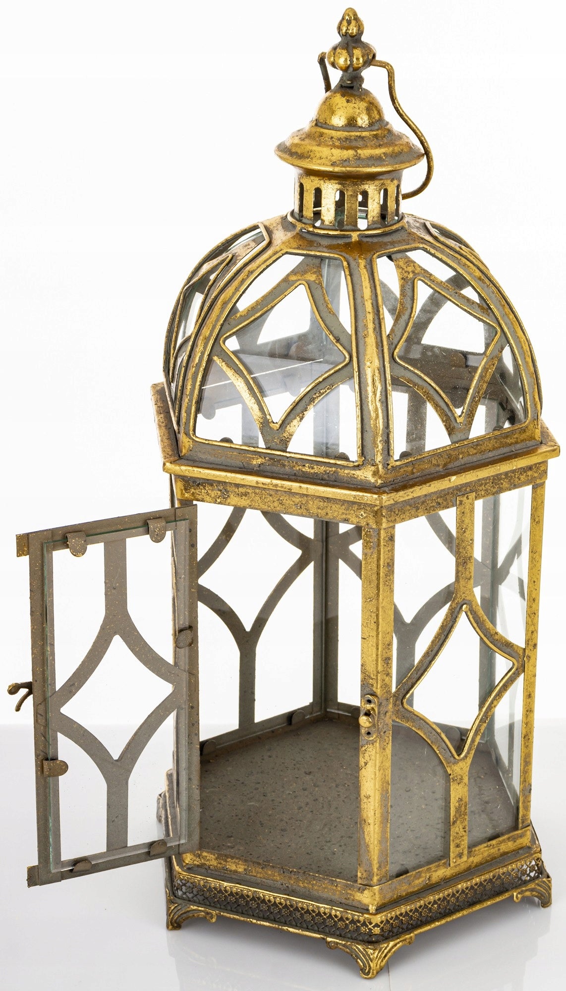 Lampion złoty retro wysoki Latarnia metalowa złota szkło dekoracja