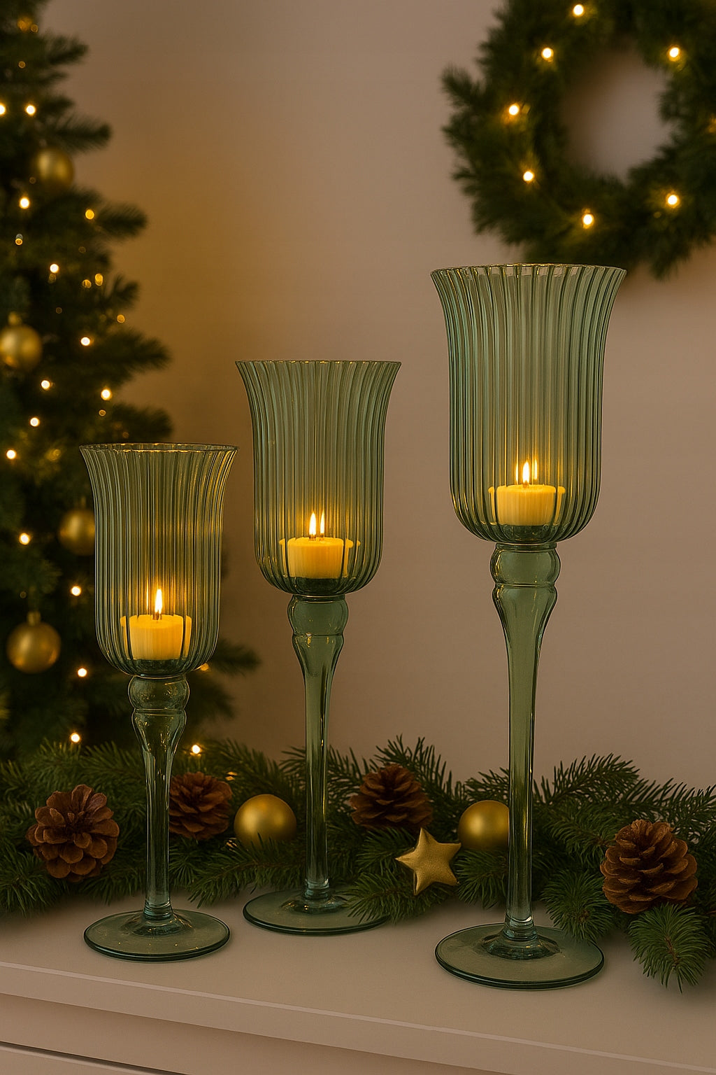 Świecznik szklany na nóżce kielich lampion 40cm duży