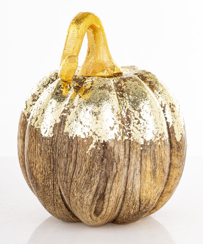 Ozdoba jesienna dynia drewniana brązowo-złota 10,5x8x8 cm