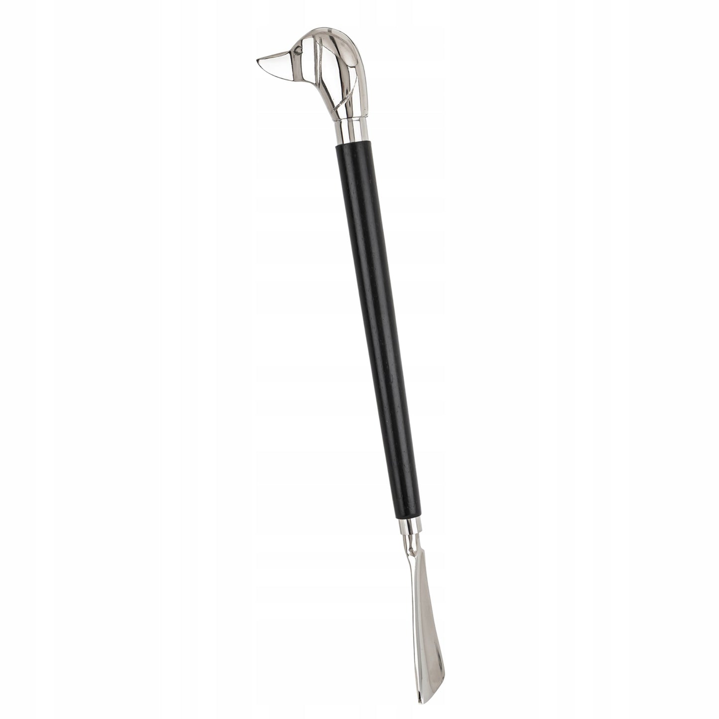 Długa łyżka do butów obuwia metalowa srebrna czarna pies elegancka 47 cm