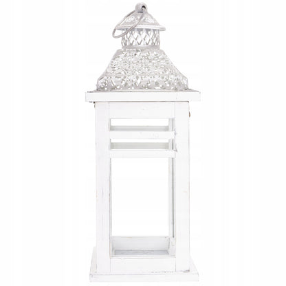 Stylowy rustykalny drewniany lampion biały świecznik duża latarnia 38cm
