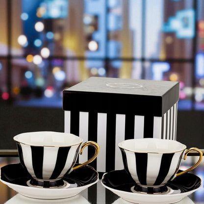 Komplet 2szt filiżanek porcelanowych 220 ml biało-czarne złote zestaw