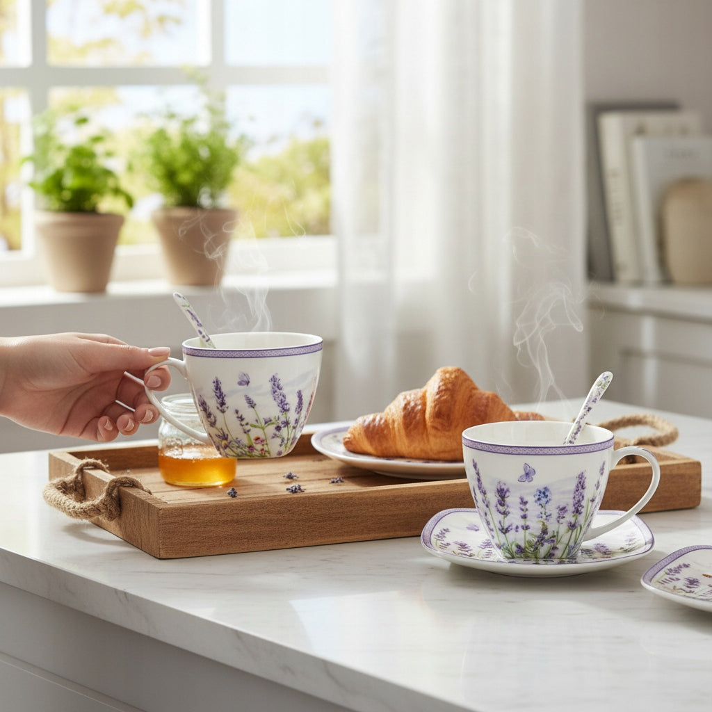 Zestaw 2 filiżanek z podstawkami i łyżeczkami porcelana lawenda prowansja