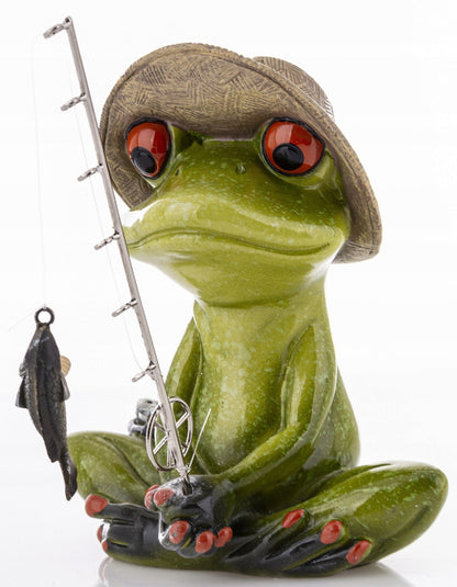 FIGURKA ŻABA RYBAK W KAPELUSZU 13,5x12x14cm wędkarz żabka