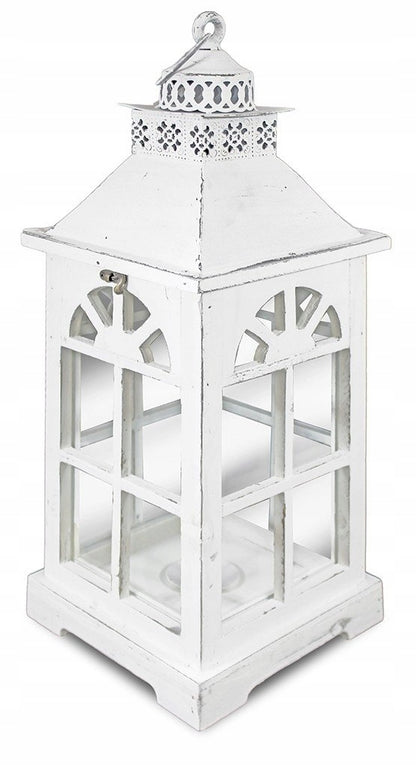 Lampion biały drewno, metal, szkło 54 cm Świecznik Latarnia