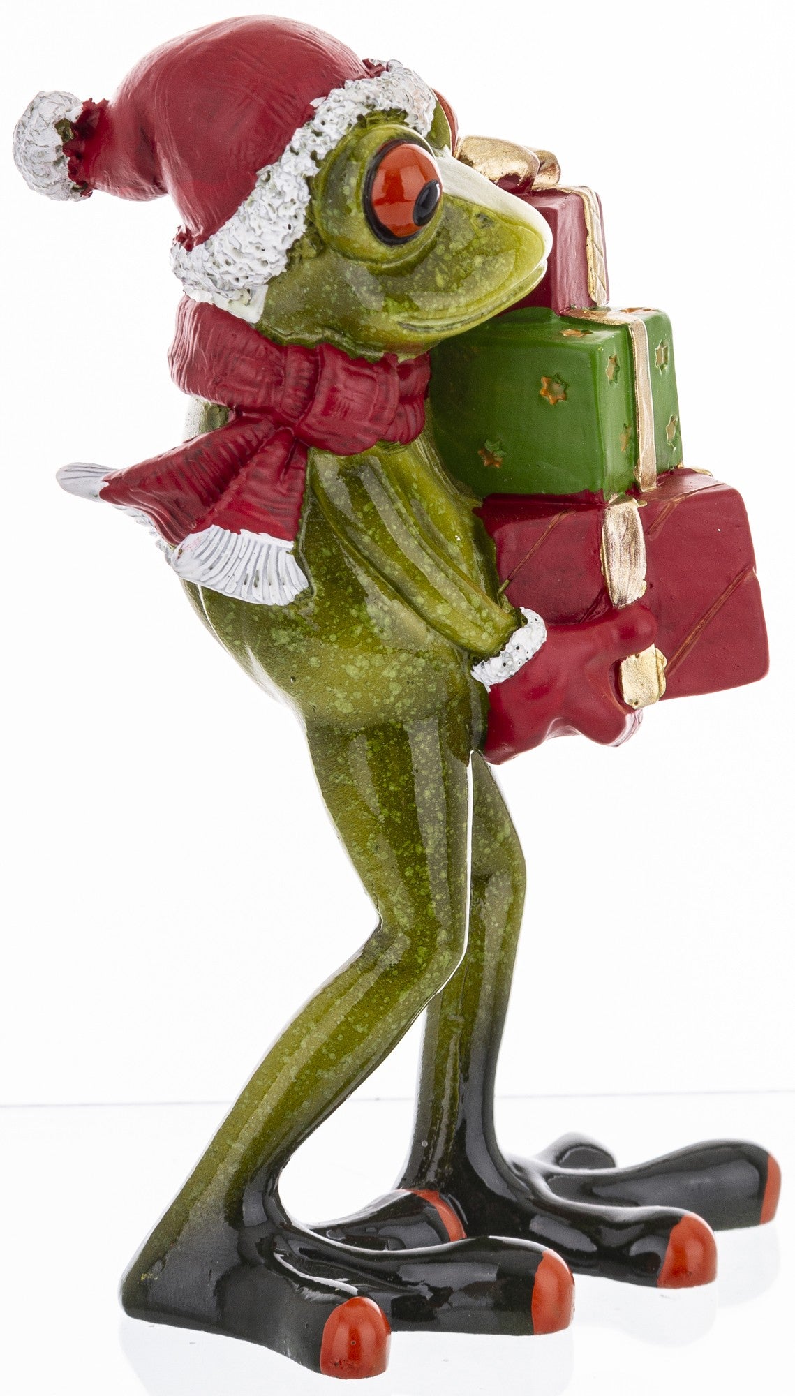 Figurka żabka 14x8x8,5 cm Żaba Św. Mikołaj z prezentami śmeszna mikołajki