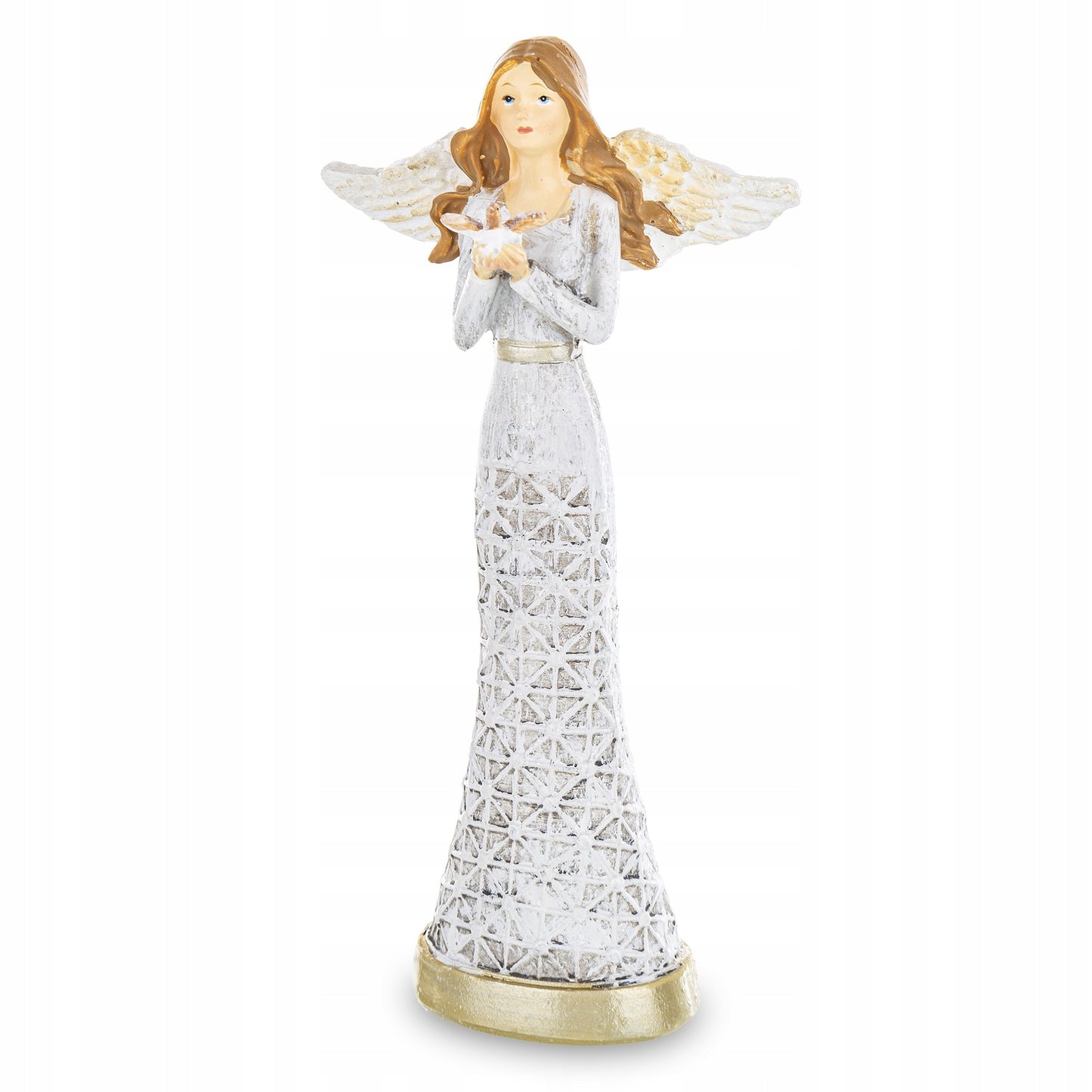 Aniołek FIGURKA ANIOŁ Z GOŁĘBIEM W AŻUROWEJ SUKIENCE 20CM
