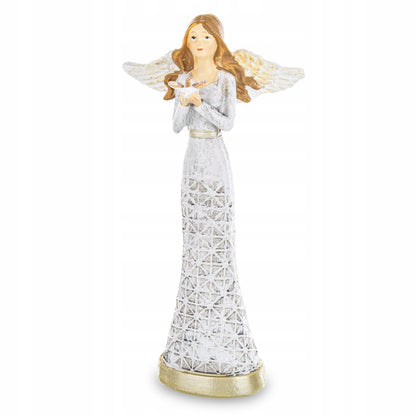 Aniołek FIGURKA ANIOŁ Z GOŁĘBIEM W AŻUROWEJ SUKIENCE 20CM
