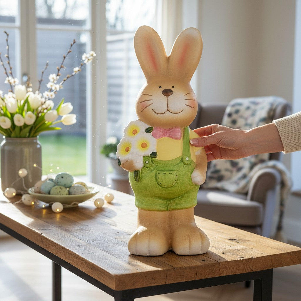 Duża Figurka zajączek Królik Zając z kwiatami 35cm wielkanocna ogrodowa