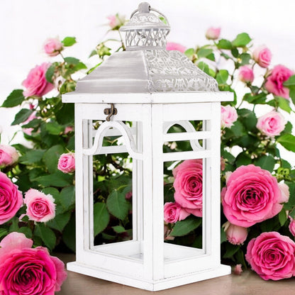 Stylowy rustykalny drewniany lampion biały świecznik duża latarnia 38cm