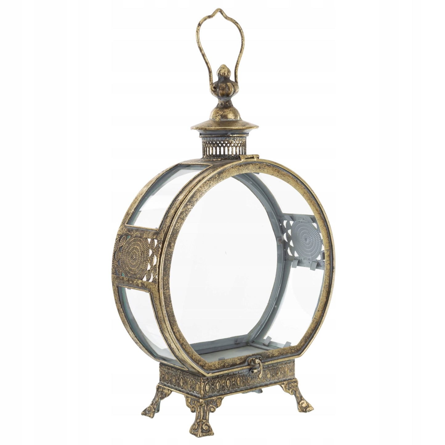 Lampion metalowy ze szkłem ciemne złoto latarenka na nóżkach retro glamour
