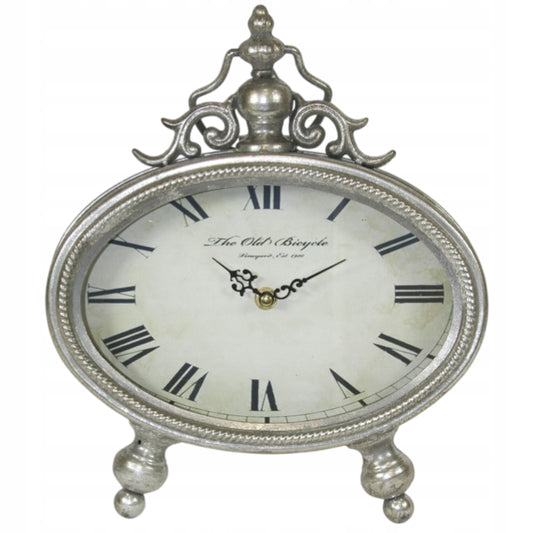 Zegar metalowy stojący retro vintage srebrny 26cm