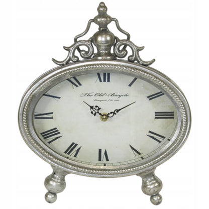 Zegar metalowy stojący retro vintage srebrny 26cm