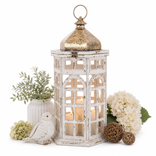 Lampion Drewniany Metalowy Latarnia Biały Złoty Retro Postarzany Dekoracja