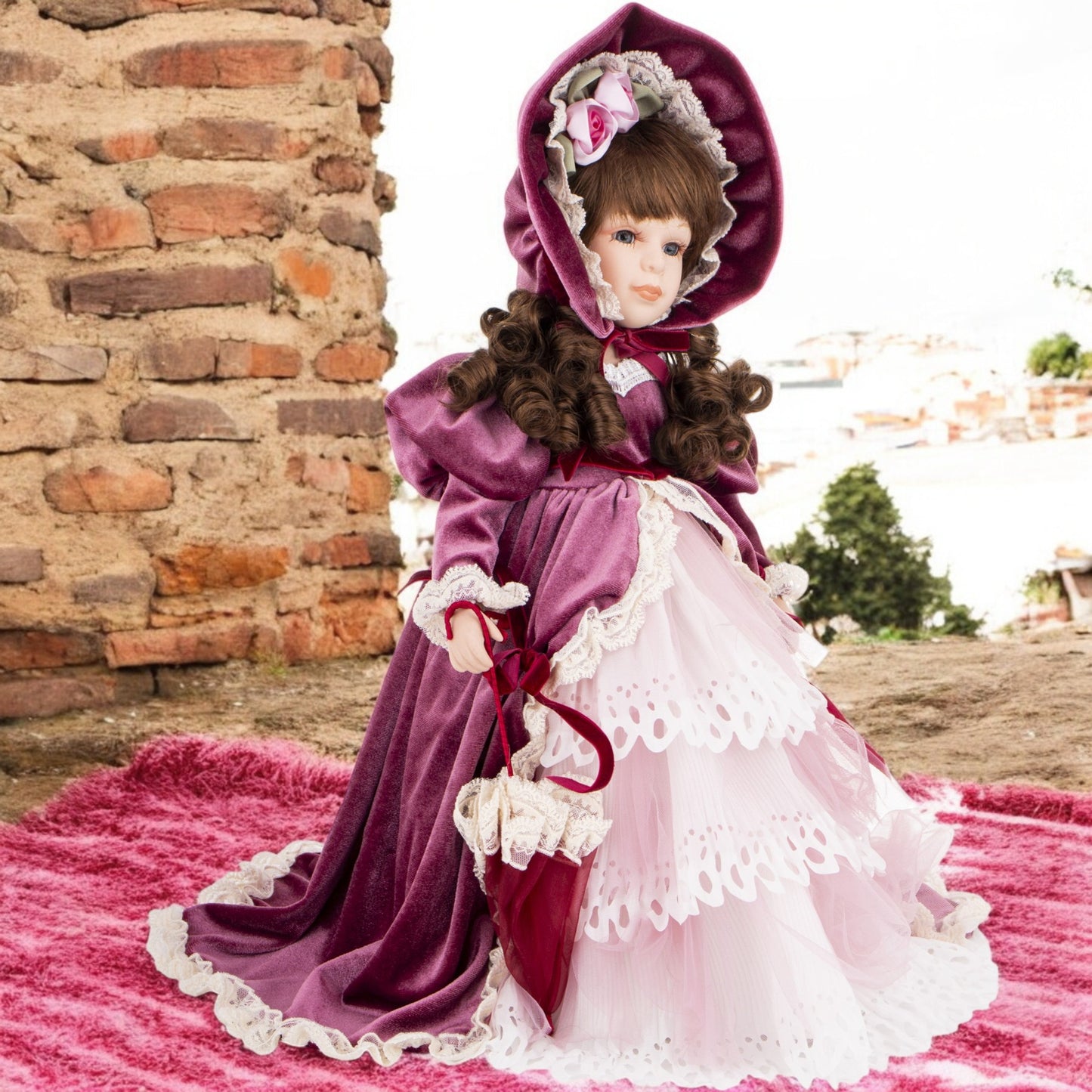 Porcelanowa lalka kolekcjonerska z parasolem 45cm wysoka dekoracyjna