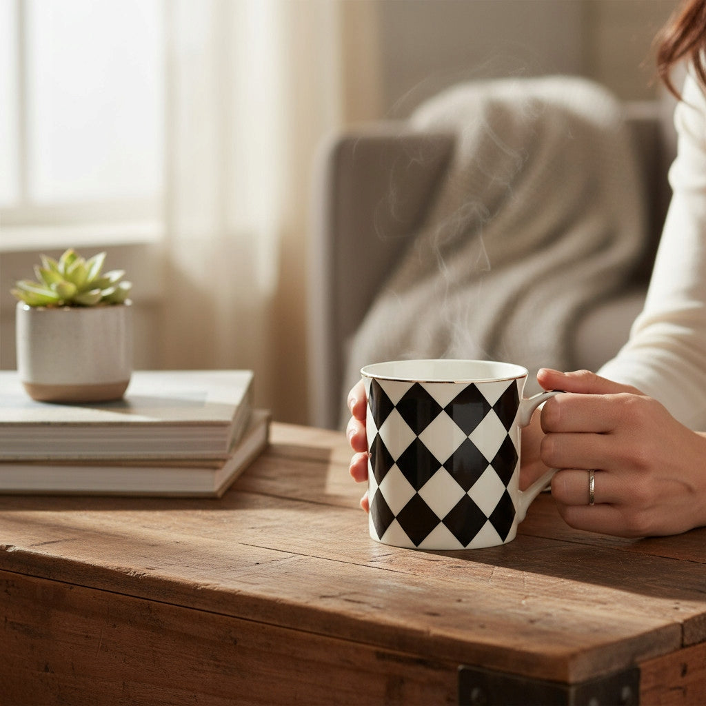 Kubek porcelanowy w pudełku na prezent czarno biały porcelana 380 ml