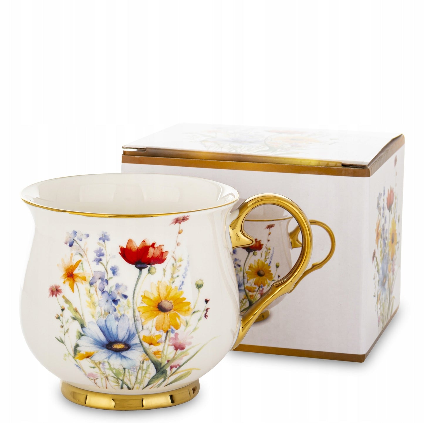 Porcelanowy duży kubek w kwiaty filiżanka do kawy herbaty 450 ml w pudełku