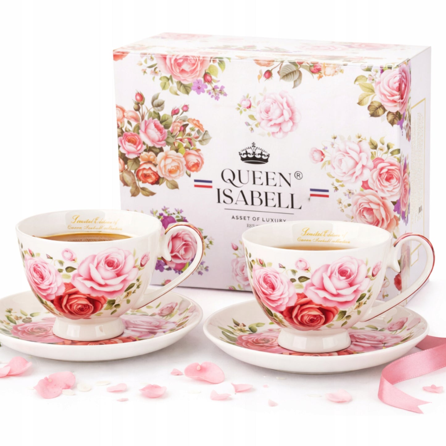 Elegancki komplet filiżanek w róże porcelana zestaw na prezent 2 szt 250ml