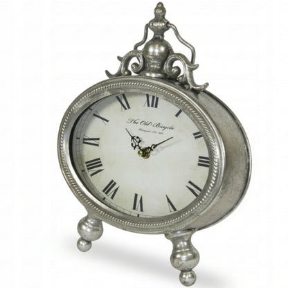 Zegar metalowy stojący retro vintage srebrny 26cm