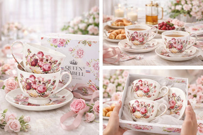 Zestaw 2 Filiżanek z Podstawką Porcelana kubek Kwiaty kawa herbata Prezent