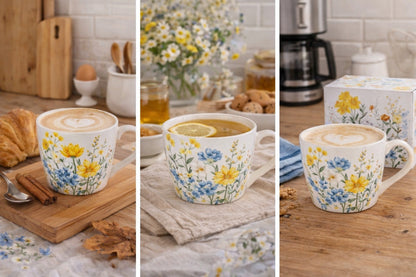 Duży kubek porcelanowy 450 ml do kawy herbaty kwiaty boho prezent zmywarka