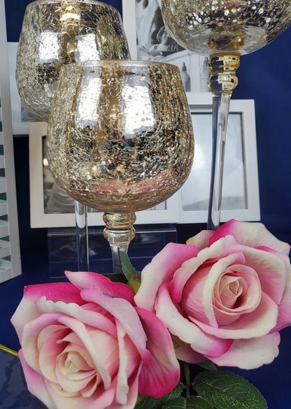 Świecznik glamour złoty kielich 25cm szklany lampa na nóżce lampion