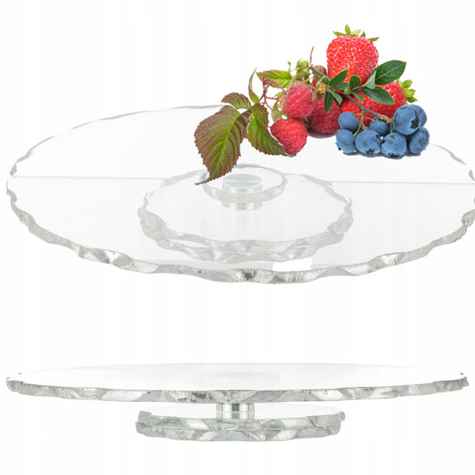 Patera obrotowa szklana na tort glamour taca 33 cm srebrne zdobienia