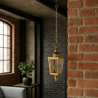 Metalowy lampion złoty wiszący szklany latarnia złota retro dekoracja hak
