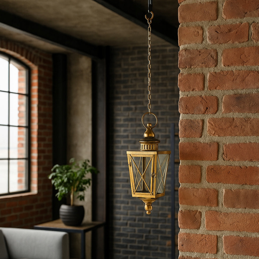 Metalowy lampion złoty wiszący szklany latarnia złota retro dekoracja hak