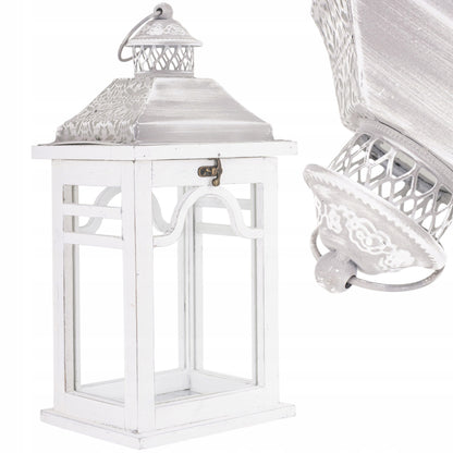 Stylowy rustykalny drewniany lampion biały świecznik duża latarnia 38cm