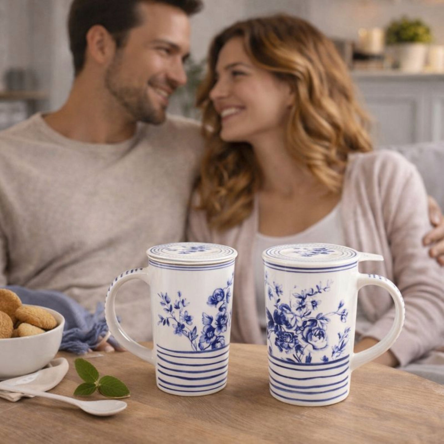 Kubek z Zaparzaczem Porcelana Niebieska Blue Pokrywka Sitko 300 ml