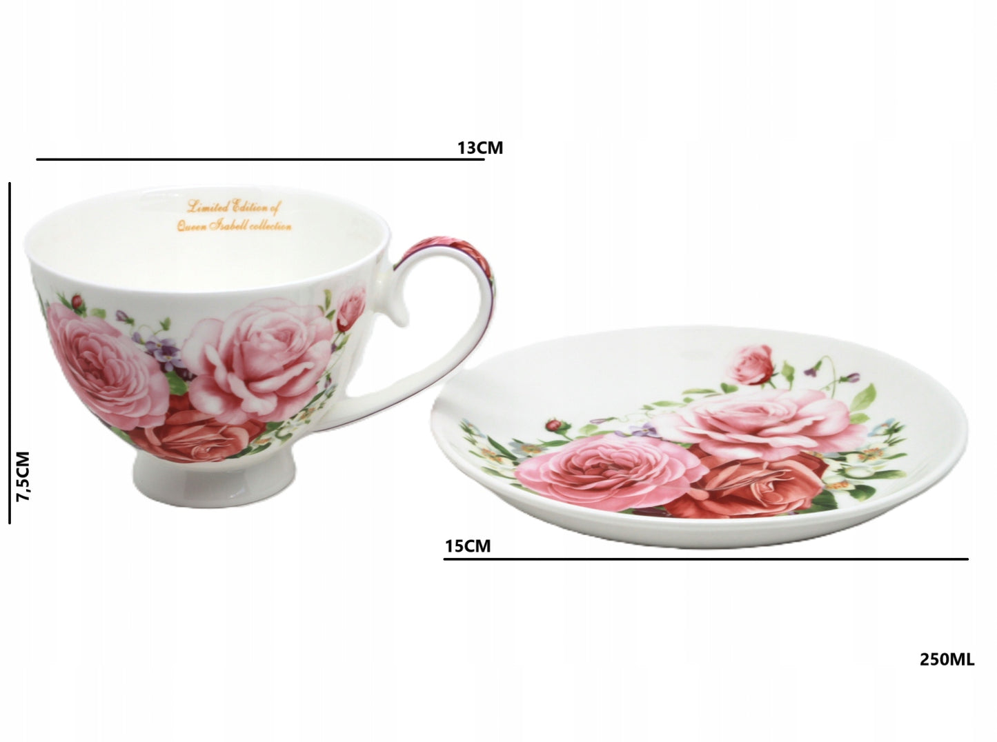 Elegancki komplet filiżanek w róże porcelana zestaw na prezent 2 szt 250ml