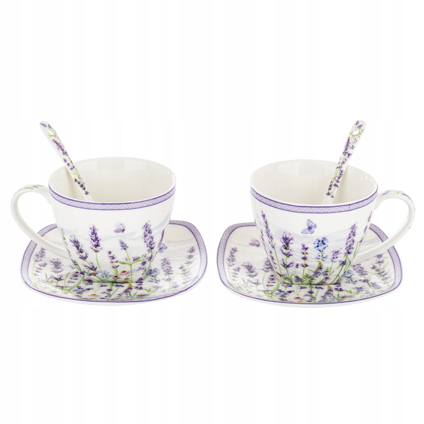 Zestaw 2 filiżanek z podstawkami i łyżeczkami porcelana lawenda prowansja