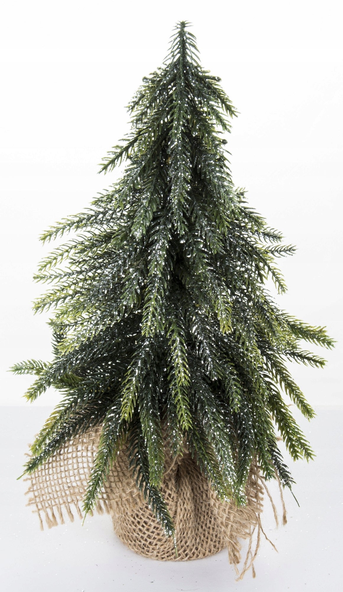 sztuczna choinka mała w jucie 36 cm srebrzysta