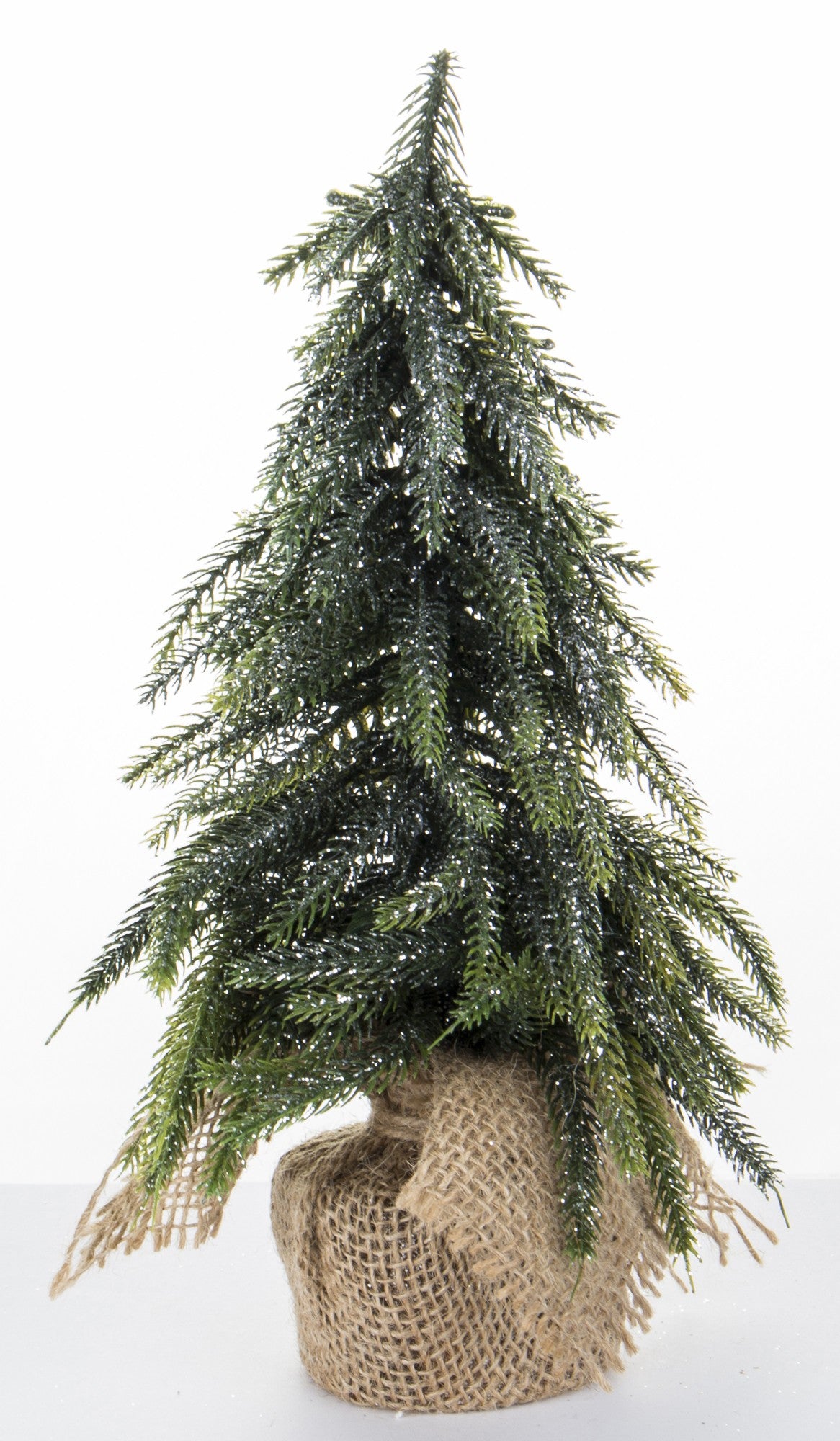 sztuczna choinka mała w jucie 36 cm srebrzysta