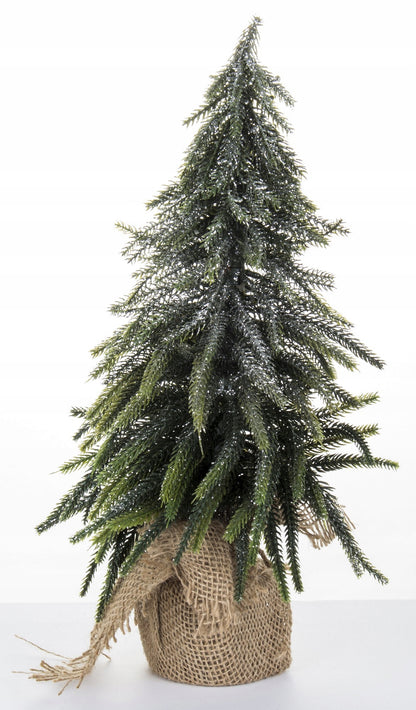 sztuczna choinka mała w jucie 36 cm srebrzysta