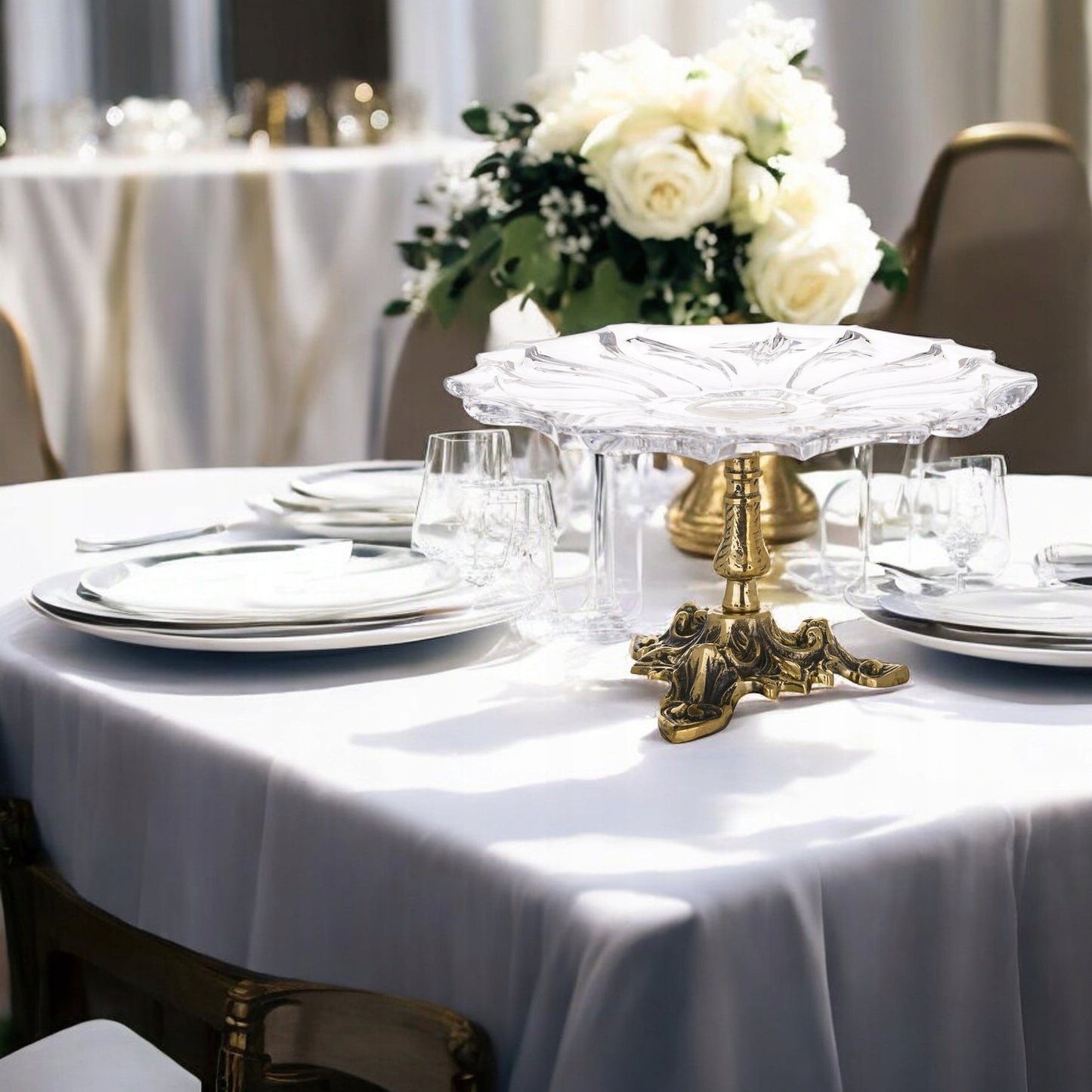 Patera dekoracyjna na nóżce taca premium mosiężna mosiądz szkło stare złoto